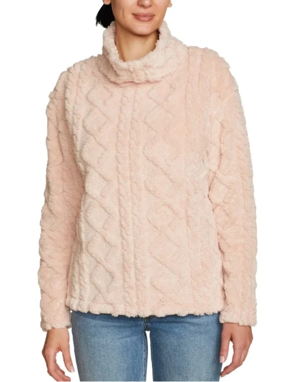 Eddie Bauer Plush Cable Fleece Pullover Light Pink Cowl Neck Cozy Size Large